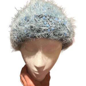 ladies Blue & White Fluffy Soft Wool Cap Hat Beanie